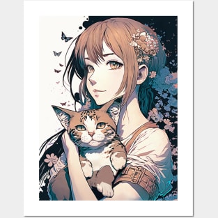 Cute Anime Girl With A Chubby Cat Posters and Art